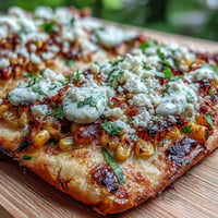 Cinco de Mayo Street Corn Flatbread with Jalapeño Crema, topped with charred corn, cotija cheese, and zesty jalapeño crema.  