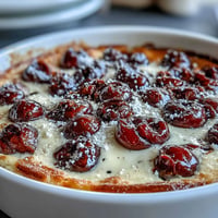 Fresh cherry clafoutis with vanilla bean, golden and puffed from the oven, dusted with powdered sugar.  