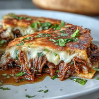 Cinco de Mayo Birria Quesadillas with Consommé Dip: Crispy tortillas filled with tender braised beef birria and melted cheese, served with a rich, spicy dipping broth.