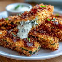 Crispy pickle fries in air fryer with tangy dill served alongside creamy sriracha mayo.
